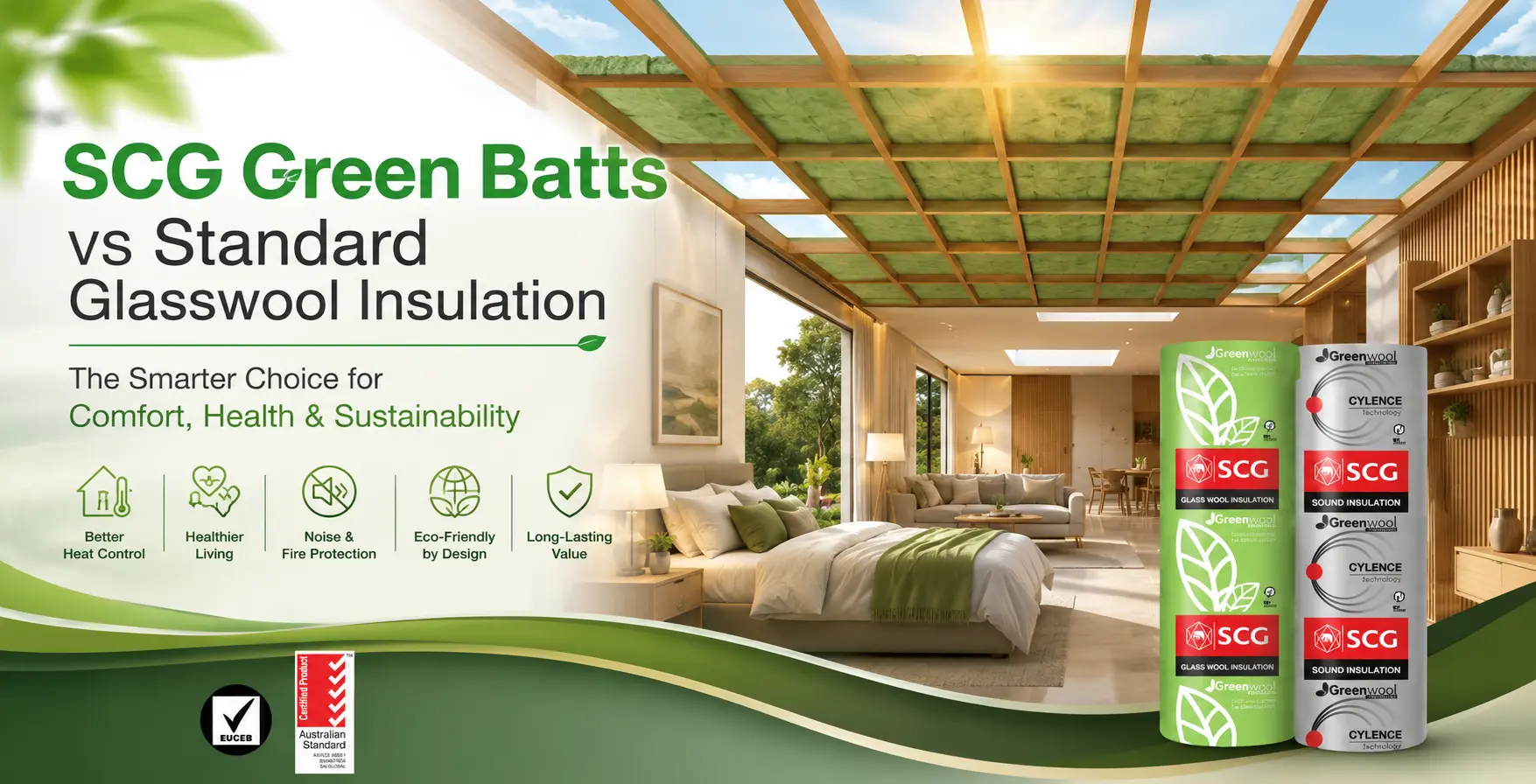 SCG Green Batts compared with standard glasswool insulation in a modern home