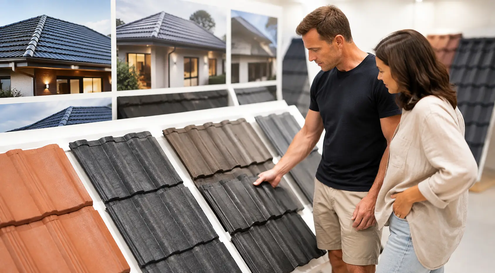 Australian couple choosing SCG concrete roof tile colours and finishes in a roofing showroom in Brisbane