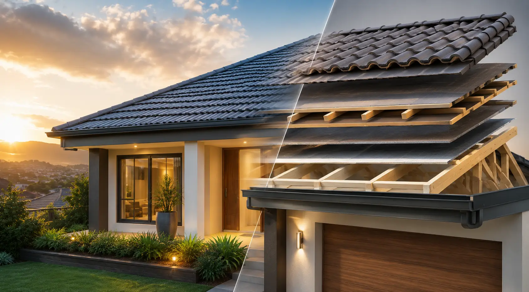 Complete concrete roof tile system in Brisbane showing roof tiles, underlay, battens, ridges and gutters on a modern Australian home