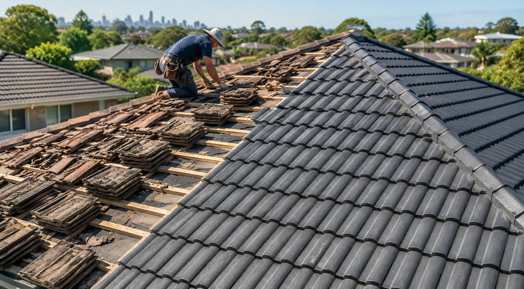 Concrete roof tiles being replaced during a Brisbane re-roofing project on a modern Australian home