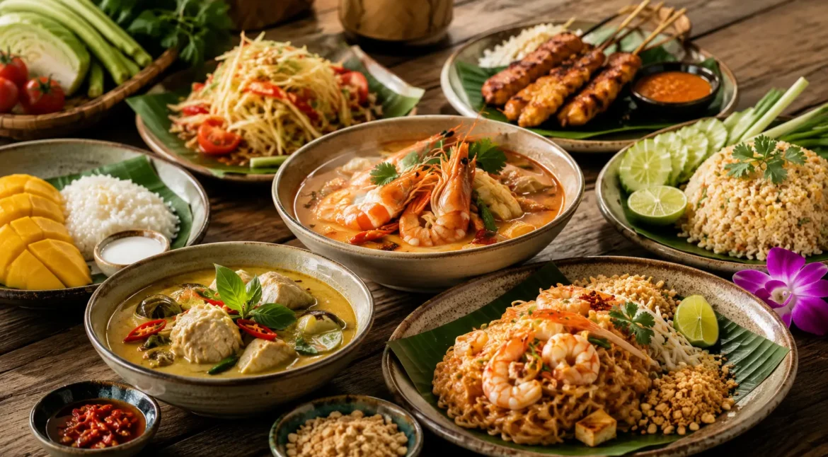 Popular Thai food dishes including Tom Yum, Pad Thai, green curry and mango sticky rice