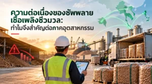 Industrial biomass fuel supply continuity with palletized wood pellets, multiple supply routes, delivery trucks, and a worker monitoring logistics at a biomass processing facility. (thai content)