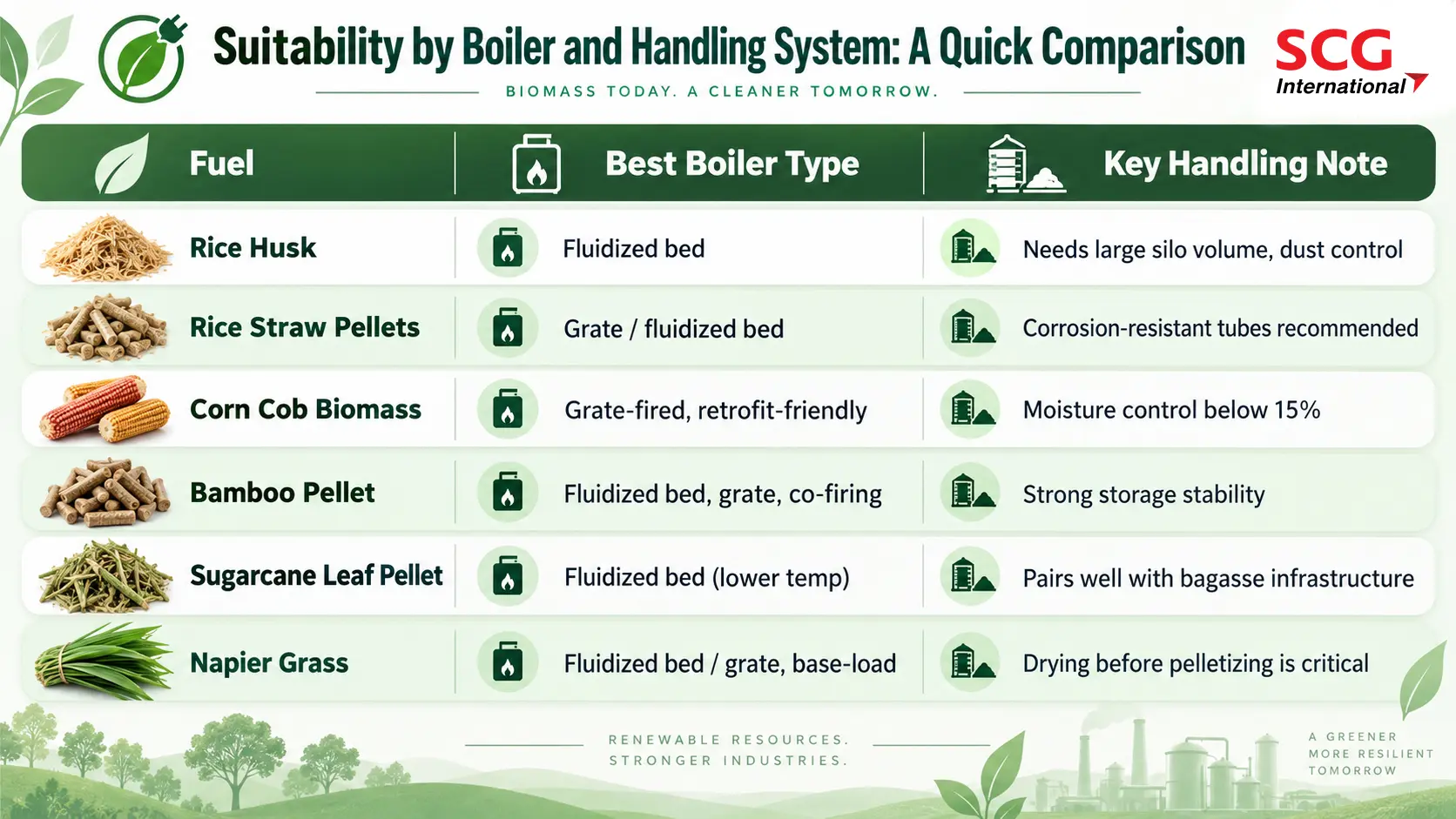 Biomass Fuel Comparison by Boiler and Handling system