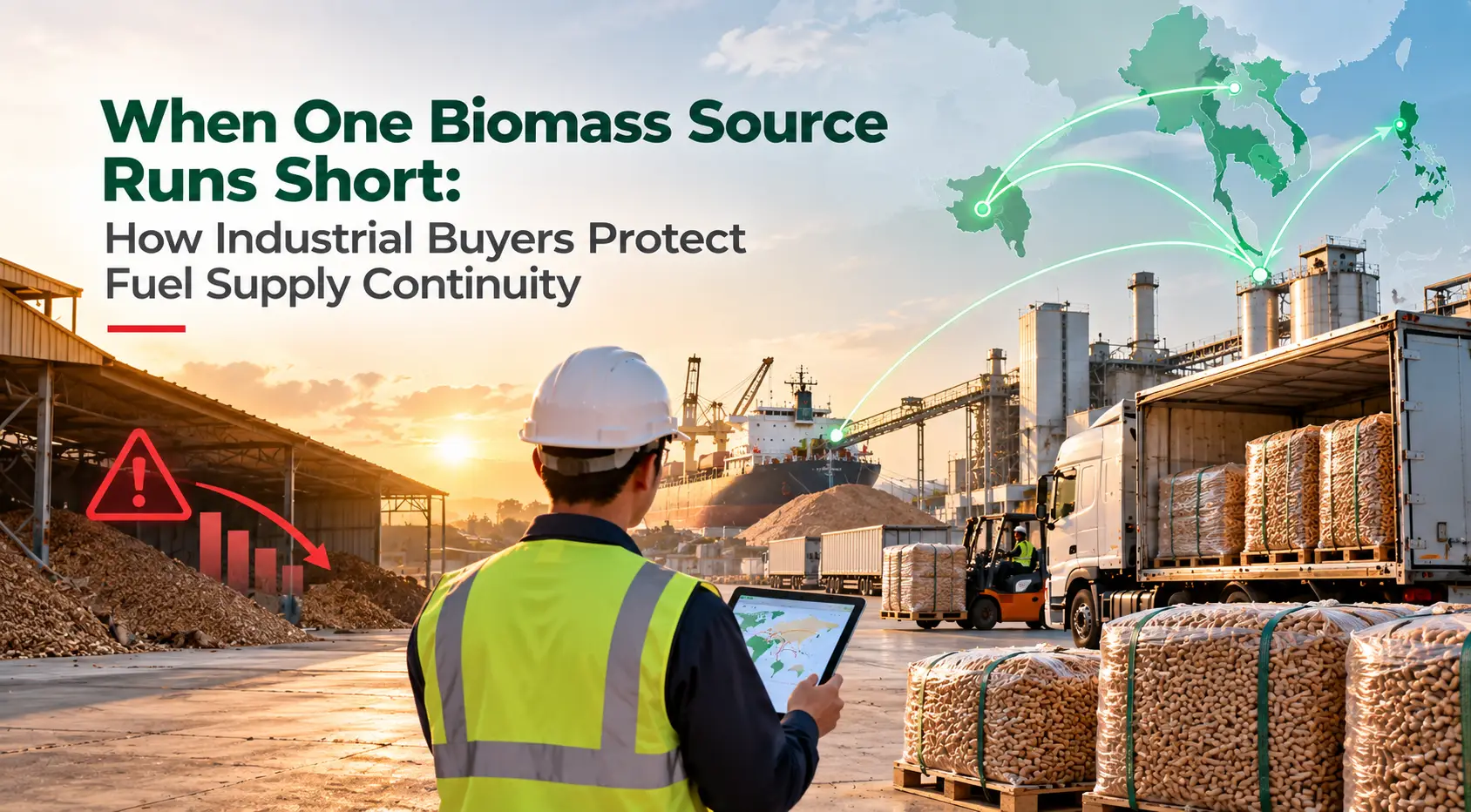 Industrial biomass fuel supply continuity with palletized wood pellets, multiple supply routes, delivery trucks, and a worker monitoring logistics at a biomass processing facility.