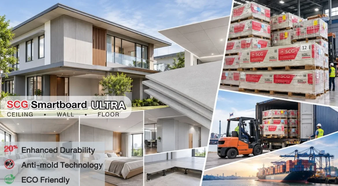 SCG Smartboard ULTRA fiber cement boards for exterior cladding, interior walls, ceilings, and raised flooring in a modern home, alongside securely packaged SCG products on wooden pallets being prepared for international export from Thailand.