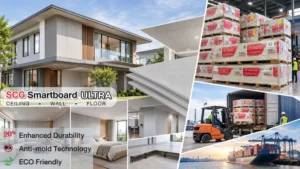 SCG Smartboard ULTRA fiber cement boards for exterior cladding, interior walls, ceilings, and raised flooring in a modern home, alongside securely packaged SCG products on wooden pallets being prepared for international export from Thailand.