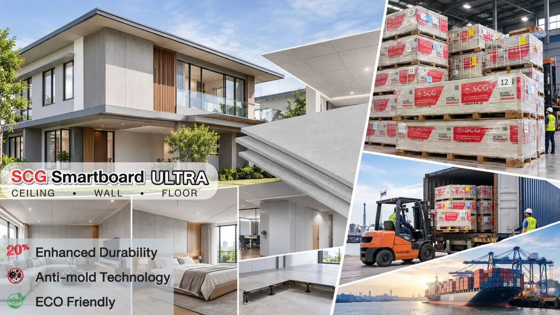 SCG Smartboard ULTRA fiber cement boards for exterior cladding, interior walls, ceilings, and raised flooring in a modern home, alongside securely packaged SCG products on wooden pallets being prepared for international export from Thailand.
