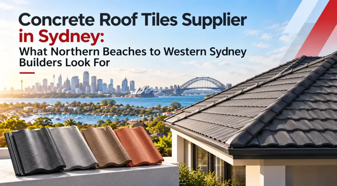 Concrete roof tiles on a modern Sydney home with Sydney Harbour in the background