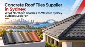 Concrete roof tiles on a modern Sydney home with Sydney Harbour in the background