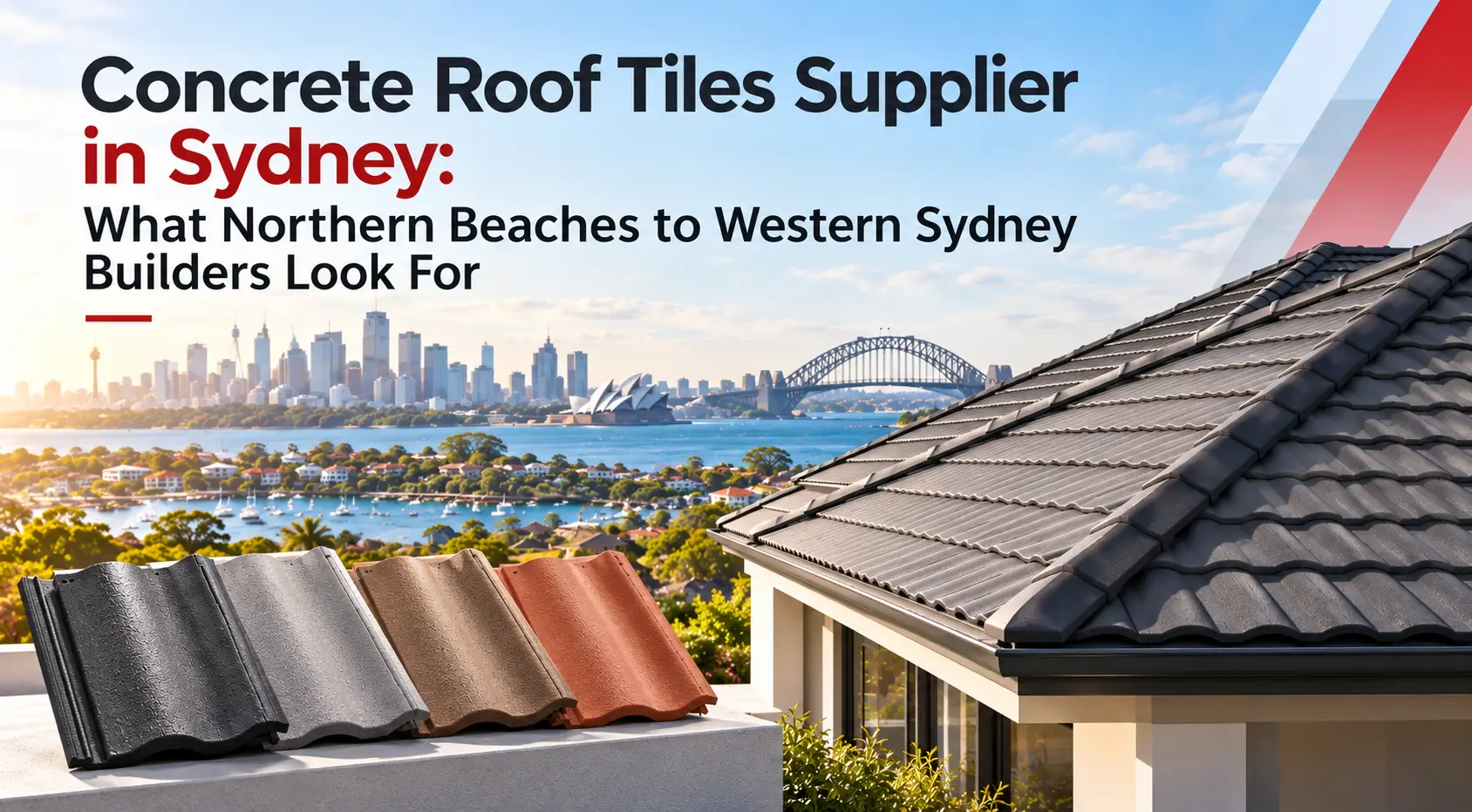 Concrete roof tiles on a modern Sydney home with Sydney Harbour in the background