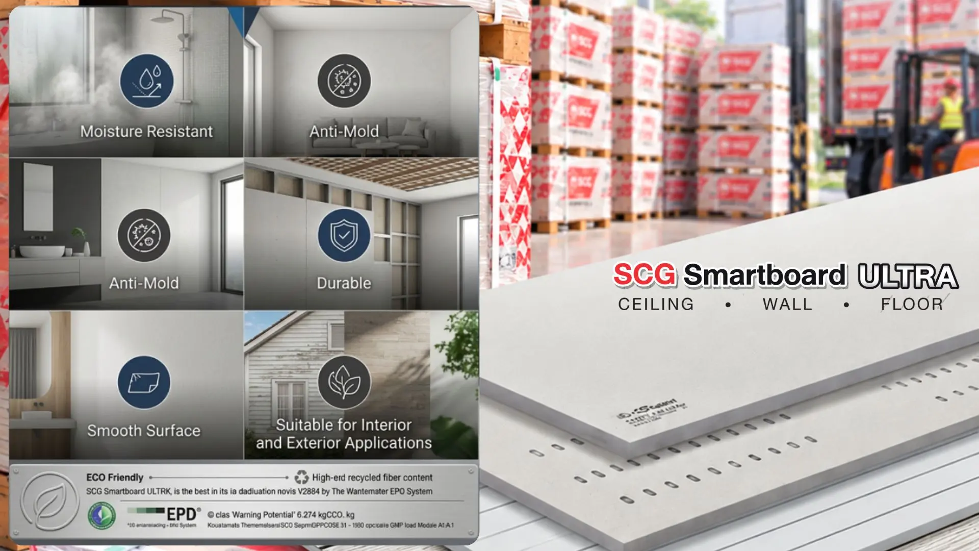 SCG Smartboard ULTRA fiber cement board features graphic visualization showing moisture resistance and anti-mold properties in construction applications like walls and ceilings